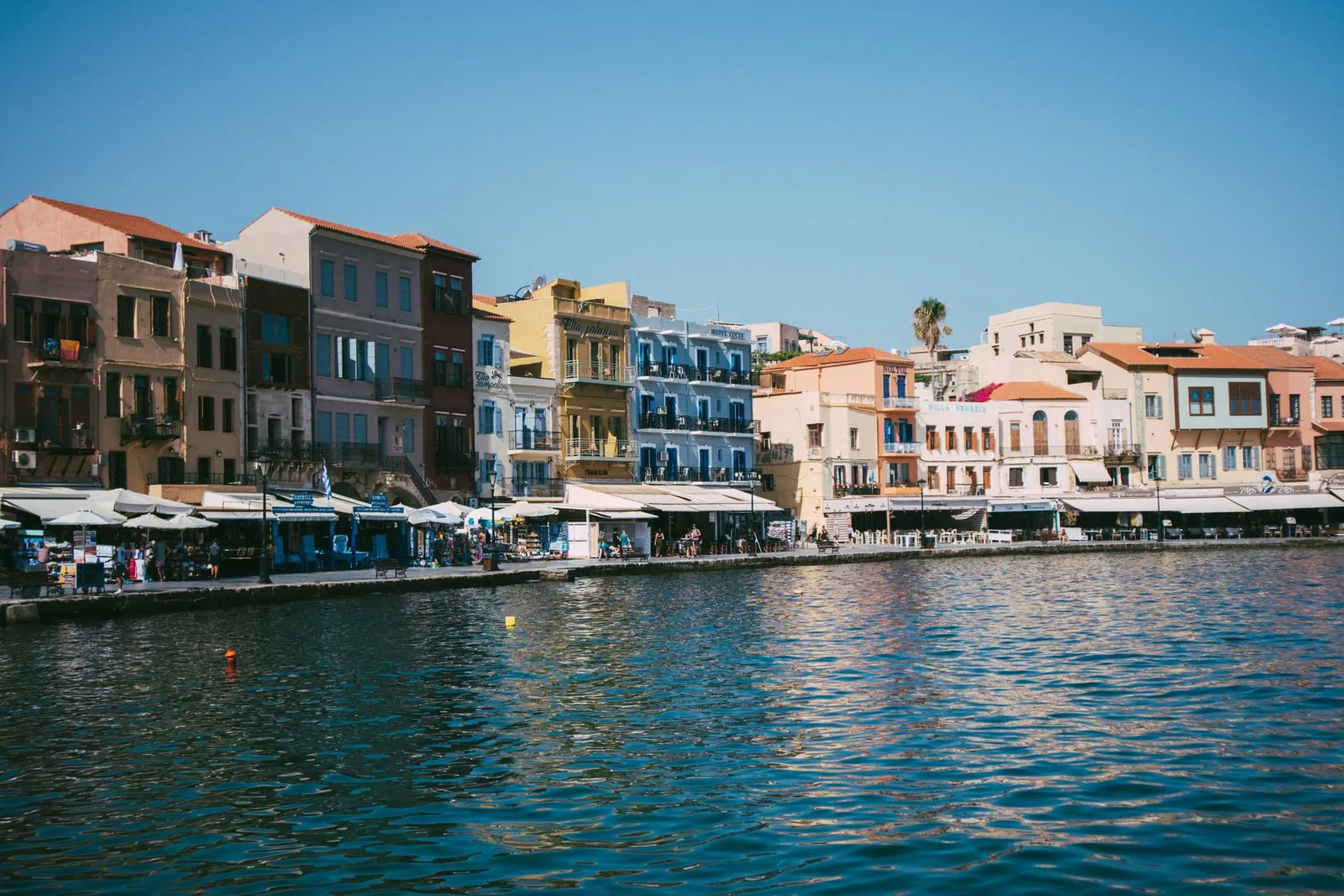 Waterfront buildings at the Old Venetian Harbour of Chania, Crete